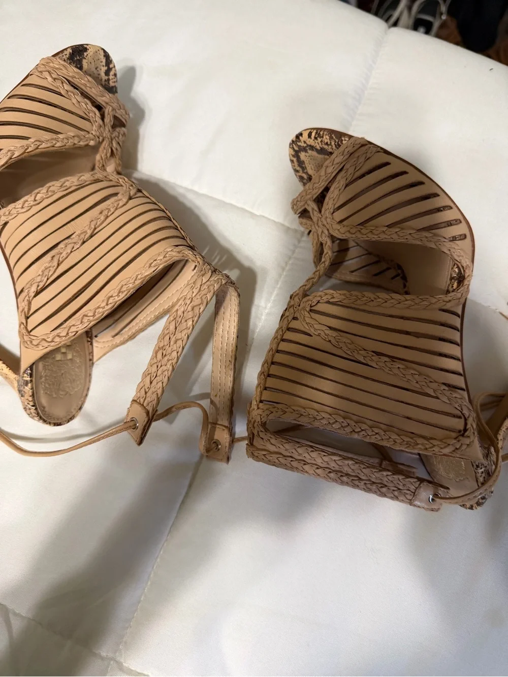 Vince Camuto Tan Braided Strappy High Heel Sandals with Snakeskin Toe